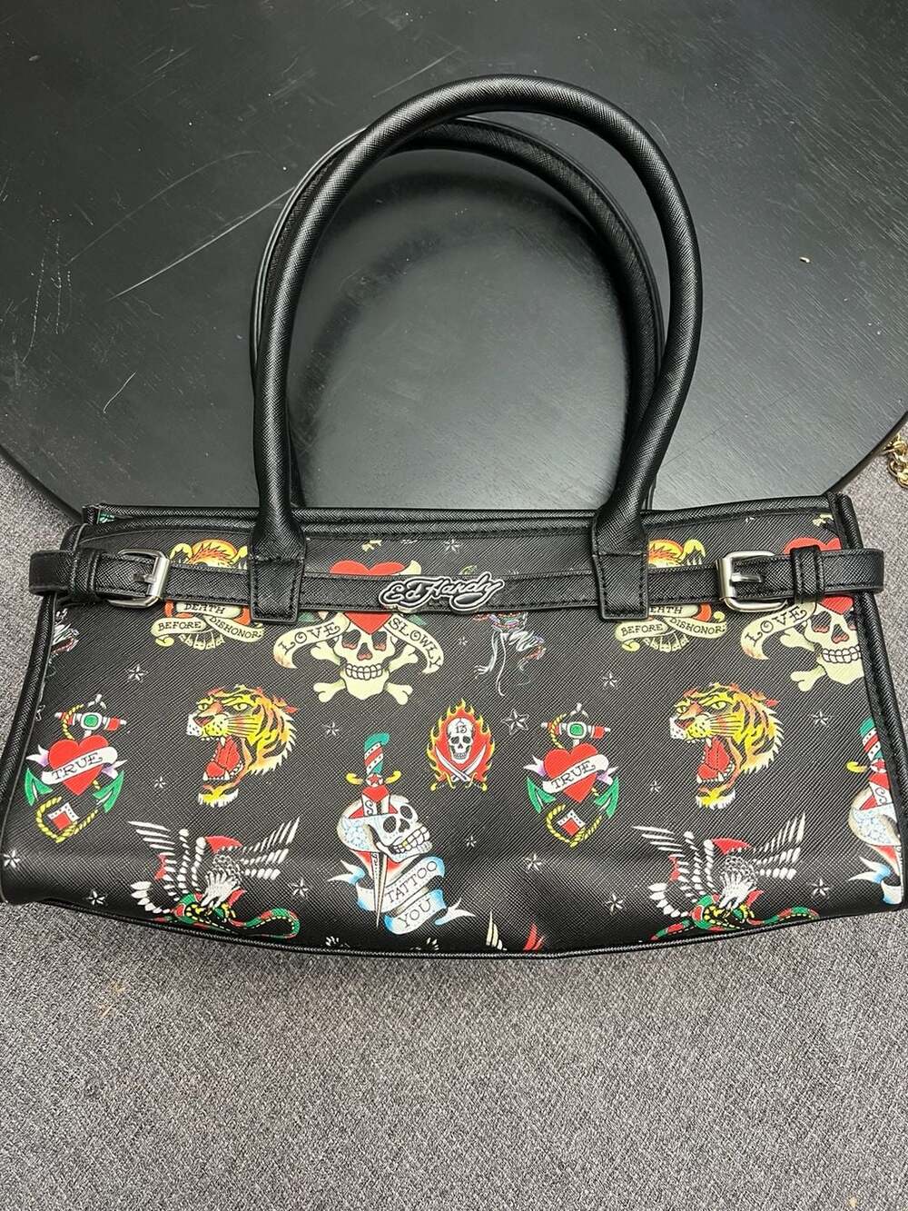 Ed Hardy Black Tote Bag with Multi-Graphic Tattoo Prints